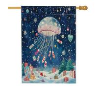Drapeaux de maison méduses de Noël de 71,1 x 101,6 cm pour extérieur, paysage de Noël fantaisiste en lin vertical, drapeau de maison, vie marine de vacances, devant cour, arrière-cour imprimée