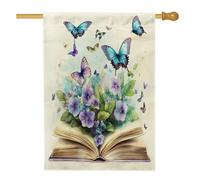 Drapeaux de maison pervenches de printemps 71 x 101,6 cm double face pour l'extérieur, livres amusants, fleurs, papillons, lin vertical, drapeaux de maison, drapeau imprimé floral avant cour arrière