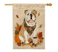 Drapeaux de maison pour chien bulldog d'automne 71 x 101,6 cm double face pour extérieur, citrouille d'automne, café, gland en lin vertical, drapeau pour la maison, chiot animal de compagnie avant