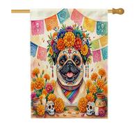 Drapeaux de maison pour chien carlin Jour des morts 71,1 x 101,6 cm double face pour décoration, motif tête de mort floral sur le devant de la cour, drapeaux mignons en toile de jute pour décoration