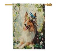 Drapeaux de maison pour chien de berger Shetland printanier, 71,1 x 101,6 cm, double face pour décoration, joli oiseau bleu forêt avant cour en toile de jute pour animaux de compagnie, drapeaux