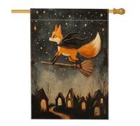 Drapeaux de maison renards d'Halloween 71,1 x 101,6 cm double face pour décoration, balai de sorcière, étoiles, toile de cour, drapeaux de maison, drapeaux d'animaux en toile de jute pour décoration