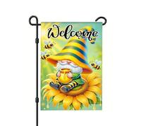 Drapeaux De Maison Un Adorable Gnome Coiffé D'Un Chapeau Rayé Jaune Et Vert Tient Un Pot De Miel Sur Un Tournesols. Drapeaux Durable Éclatantes 30X45Cm Drapeau De Jardin Pour Dortoirs Plage