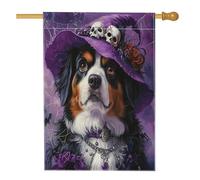 Drapeaux de maison verticaux amusants en lin avec chien sorcière Saint-Bernard pour extérieur, chapeau de magicien, chiot imprimé, drapeau gothique pour la maison et l'extérieur 71,1 x 101,6 cm