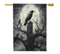 Drapeaux de maison verticaux amusants en lin motif corbeau fantaisie pour Halloween, 71 x 101,6 cm, double face pour l'extérieur, arbre magique de la forêt corbeau, drapeau à motif pittoresque pour la