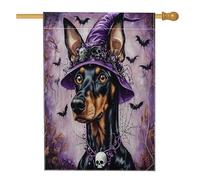 Drapeaux de maison verticaux amusants en lin pour Halloween, sorcière, doberman, jardin, 71 x 101,6 cm, double face pour l'extérieur, chapeau de magicien, chiot imprimé drapeau, drapeau gothique pour