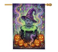 Drapeaux de maison verticaux en lin pour Halloween - Motif chats britanniques à poil court - 71,1 x 101,6 cm - Double face pour l'extérieur, chaudron de vacances - Drapeau imprimé pour maison de