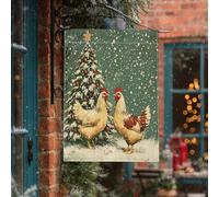 Drapeaux de Noël d'hiver pour poulailler - 71,1 x 101,6 cm - Double face pour l'extérieur - Motif animal enneigé - Toile verticale standard - Décoration d'intérieur - Coq poussin - Décoration de cour
