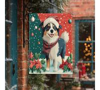 Drapeaux de Noël pour maison de chien de berger australien 71,1 x 101,6 cm pour l'extérieur, poinsettia des neiges de Noël, chiots verticaux standard en lin, drapeaux de maison, amusants pour enfants