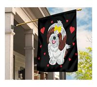 Drapeaux De Vacances Drapeaux De Pirate Double Face Drapeau De Décoration Décoration Pour Balcon Pelouse Patio Shih Tzu Noir Et Feu, Adorable Chien Portant Des Vêtements À Motifs De Cœurs Rouges M