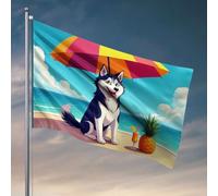Drapeaux décoratifs pour chambre - Un Husky heureux aime une boisson tropicale sur la plage - Décoration pour intérieur (120 x 180 cm)