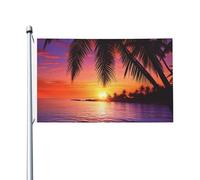 Drapeaux d'extérieur double face avec œillets en laiton Coucher de soleil océan avec palmiers tropicaux, paysage crépusculaire, drapeau de bienvenue pour anniversaire, mariage, vacances saisonnières