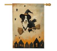 Drapeaux d'Halloween pour maison de chien Border Collie 71,1 x 101,6 cm double face pour décoration, balai de sorcière, étoiles, toile de cour, drapeaux de maison, drapeaux de décoration pour animaux
