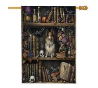 Drapeaux d'Halloween pour maison de chien de berger Shetland 71,1 x 101,6 cm double face pour extérieur, livres magiques effrayants sorcières, chiots en lin vertical, drapeau imprimé drapeau pour la