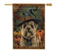 Drapeaux d'Halloween pour maison de chien de sorcière Cairn Terrier 71 x 101 cm double face pour l'extérieur, chiot psychédélique effrayant en lin vertical, drapeau imprimé amusant pour la cour