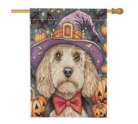 Drapeaux d'Halloween pour maison de chien de sorcière cockapoo 71,1 x 101,6 cm pour extérieur, citrouille effrayante, chauve-souris, chiot, drapeau vertical standard en lin pour maison, jardin