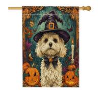 Drapeaux d'Halloween pour maison de chien, sorcière, cavachon, 71,1 x 101,6 cm, double face pour extérieur, chiot psychédélique effrayant en lin vertical, drapeau imprimé amusant pour la cour