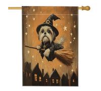 Drapeaux d'Halloween Shih Tzu pour maison de chien - 71,1 x 101,6 cm - Double face pour décoration, balai de sorcière, étoiles - Toile de jute pour animaux de compagnie - Drapeaux de décoration pour