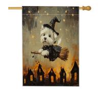 Drapeaux d'Halloween Westie pour maison de chien, 71,1 x 101,6 cm, double face pour décoration, balai, étoiles de sorcière, toile de cour, drapeaux de maison, drapeaux de décoration pour animaux de