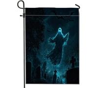 Drapeaux d'horreur d'Halloween fantômes de jardin 30,5 x 45,7 cm double face pour extérieur, pierre tombale effrayante, drapeau de pelouse, fantôme, arrière-cour, petite maison, drapeaux d'extérieur
