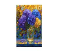 Drapeaux d'hortensias bleus violets et jaunes dans un vase en verre, bannière de vœux avec œillets, décoration d'intérieur ou d'extérieur