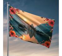 Drapeaux drôles de coucher de soleil sur le lac avec fleurs - Décoration de chambre de garçon - Décoration occidentale (152 x 244 cm)