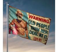 Drapeaux drôles de personnes âgées nagent ici. Deal With It. Drapeau de jardin avec support pour homme et grotte (60 x 90 cm)