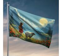 Drapeaux drôles fille et mouton au bord du lac sous une pleine lune drapeaux décorations pour chambre de garçon (152 x 244 cm)