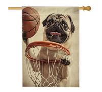 Drapeaux drôles pour maison de chien carlin 71,1 x 101,6 cm double face pour extérieur, basket-ball, sport, chiot en toile verticale, drapeaux de maison, mignons et amusants pour décoration de cour