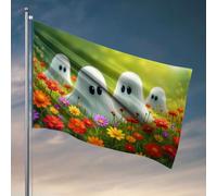 Drapeaux d'université pour dortoir, cinq fantômes mignons dans un champ de fleurs coloré, drapeaux pour chambre d'adolescentes, décoration de bar vintage (30 x 45 cm)