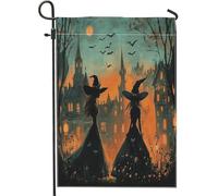 Drapeaux effrayants de sorcière d'Halloween 30,5 x 45,7 cm double face pour l'extérieur, chauve-souris de ville effrayante, drapeaux de pelouse, drapeaux de sorcière pour arrière-cour, petite maison