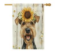 Drapeaux en bois rustique Airedale Terrier pour maison de chien 71 x 101,6 cm double face pour extérieur, tournesol marguerite en lin vertical, drapeau imprimé pour la maison, le devant de la cour
