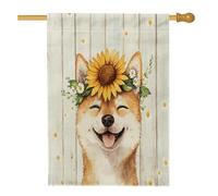 Drapeaux en bois rustique Shiba Inu pour niche de chien 71 x 101,6 cm double face pour extérieur, tournesol marguerites verticales en toile de lin, drapeaux de maison, drapeau imprimé pour animaux de