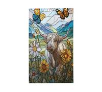 Drapeaux en verre teinté avec œillets - Motif vache des Highlands et tournesols - 91 x 152 cm