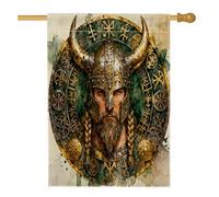 Drapeaux esthétiques de maison viking 71,1 x 101,6 cm double face pour extérieur, drapeau vertical vintage cool en lin pour homme, drapeau imprimé guerrier avant cour arrière-cour