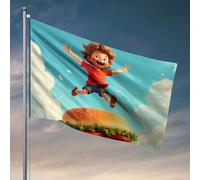 Drapeaux étranges « A Child Jumps Joyfully Over A Giant Burger In The Sky » Drapeau College Dorm Decor Funny Man Grotte Décorations (30 x 45 cm)