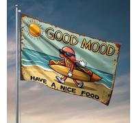 Drapeaux étranges Bonne humeur : Hot Dog Surfer sur la plage Drapeau amusant Décoration extérieure pour cour (120 x 180 cm)