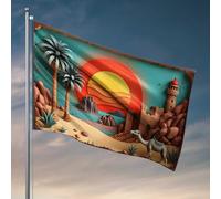 Drapeaux étranges du désert coucher de soleil avec palmiers, chameau et château, décoration extérieure amusante pour cour (60 x 90 cm)