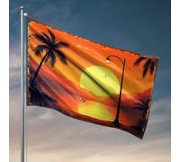 Drapeaux étranges en forme de palmiers silhouettés contre un ciel de coucher de soleil éclatant, décoration extérieure amusante pour cour (60 x 90 cm)