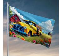 Drapeaux étranges Un camion jaune vintage est garé dans un champ de fleurs colorées. Drapeau College Dortoir Décor drôle Homme Grotte Décorations (120 x 180 cm)