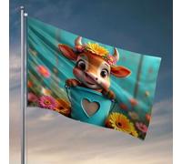 Drapeaux étranges Une vache mignonne avec des fleurs dans un seau en forme de cœur. Drapeau, décorations d'automne, extérieur, étudiant, athlète, drapeau (60 x 90 cm)