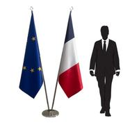 Drapeaux France et UE sur pied avec mâts - Couleurs officielles fidèles, idéal pour Bureaux, Ambassades, Réunions et Cérémonies Protocolaires. Code CN3-EU-FR-L