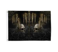 Drapeaux gothiques avec motif tête de mort pour extérieur, rose candélabre foncé d'Halloween, bannière en corde, décoration d'extérieur résistante à la décoloration pour balcon, terrasse, jardin