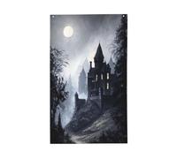 Drapeaux gothiques château la nuit, bannière de vœux de saison avec œillets, décoration d'intérieur ou d'extérieur