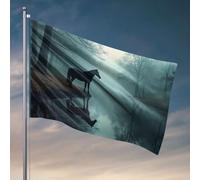 Drapeaux graphiques pour chambre Silhouette d'un cheval par un lac brumeux. Drapeau, décorations de porche, accessoires de chambre extérieure pour homme (152 x 244 cm)