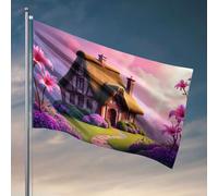 Drapeaux graphiques pour chambre Un chalet pittoresque entouré de fleurs vibrantes sous un ciel de rêve. Drapeau décoratif pour intérieur (152 x 244 cm)