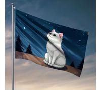 Drapeaux graphiques pour chambre Un chat blanc aux yeux verts assis sur une surface en bois sous un ciel étoilé. Drapeau décoratif pour intérieur (120 x 180 cm)