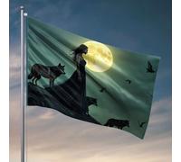 Drapeaux graphiques pour chambre Une femme debout avec des loups sous une pleine lune. Drapeau Décorations de porche Accessoires de chambre extérieure pour homme (120 x 180 cm)
