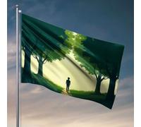 Drapeaux graphiques pour chambre, une personne debout sur un chemin entouré de grands arbres avec feuillage vert luxuriant, décorations de porche, accessoires de chambre d'extérieur pour homme (30 x
