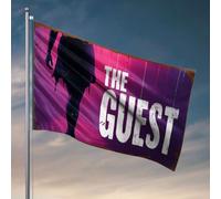 Drapeaux graphiques pour chambre une silhouette d'une personne marchant avec le titre « The Guest » en gras, décoration de porche, accessoires de chambre extérieure pour homme (152 x 244 cm)